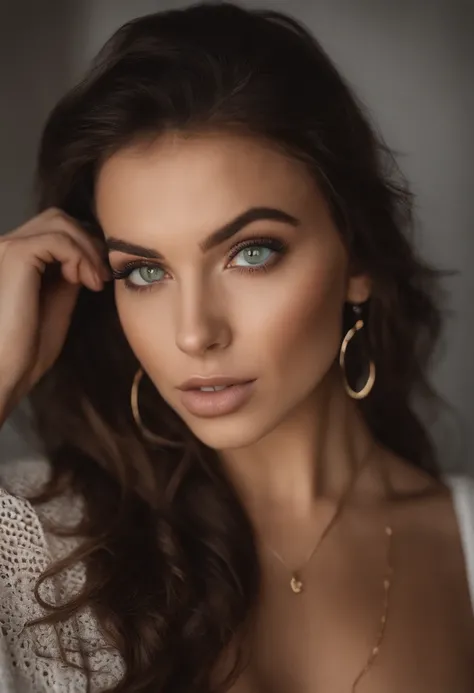 Arafed woman with a white tank top and necklace, fille sexy aux yeux verts, Portrait Sophie Mudd, cheveux bruns et grands yeux, selfie of a young woman, Yeux de chambre, Violet Myers, sans maquillage, maquillage naturel, looking straight at camera, de face...