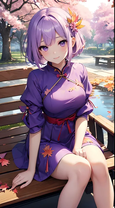 top-quality、Top image quality、​masterpiece、girl with((18year old、Blue cheongsam、Best Bust、Bust 90、Yuzuki Yukari、love you、Looking at the camera、Beautiful purple eyes、Light lilac hair、short-hair、open chest wide、Valley、Happiness、A slender、ssmile,Cherry Blosso...