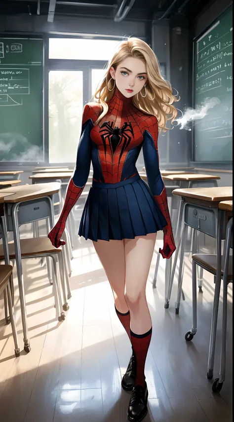 ((Peter Parker in spiderman uniform)), girl body, model body, big blue eyes, small breasts, long legs, medium hoop earrings, spiderman uniform, tiny pleated skirt, low angle shot, skin very white, long hair, wavy hair, blonde hair, school in the forest, cl...