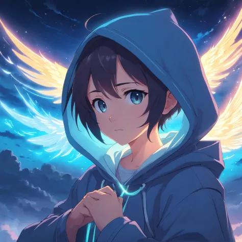 A high-fantasy portrait of a hooded shadowy celestial  being with luminous spectral wings that are made of glowing light. He is surrounded by necrotic clouds and mist.