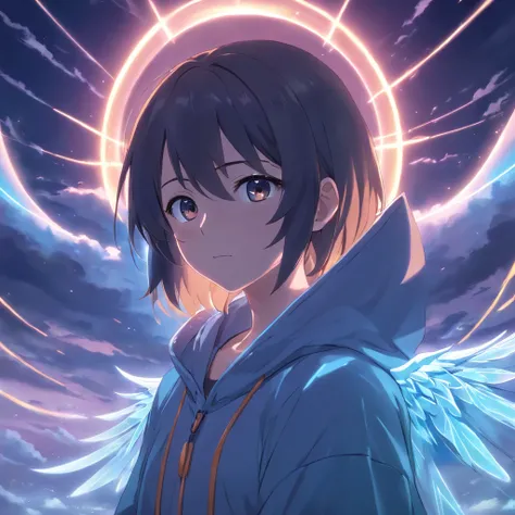 A high-fantasy portrait of a hooded shadowy celestial  being with luminous spectral wings that are made of glowing light. He is surrounded by necrotic clouds and mist.