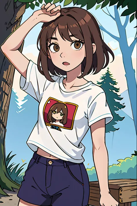 ,La mejor calidad ,pelo largo  , Caucasian anime girl max caulfield ,ojos grandes , , brown hair , feliz , , piel suave, , ojos expresivos , , , Camiseta roja de manga larga, short pants , forest