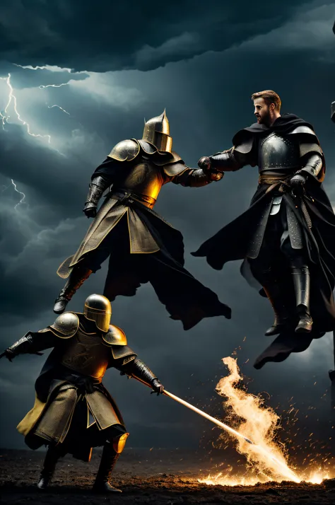 Ryan gosling as an wizard in black and gold robes having an epic battle with a knight during a stormy night, black smokey sky, master piece, high quality, 2 people, 2 people fighting, (Ryan gosling 1.6)