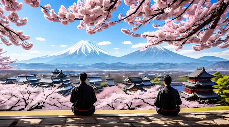 A lone man in samurai armor resting under a sakura tree. In the background you can see mountains and a beautiful and majestic Japanese castle.