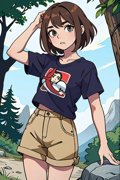 ,La mejor calidad ,pelo largo  , Caucasian anime girl max caulfield ,ojos grandes , , brown hair , feliz , , piel suave, , ojos expresivos , , , Camiseta roja de manga larga, short pants , forest