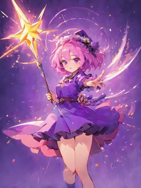 A little witch dressed in purple，The star holds a pink wand，in pixelated format on a white background