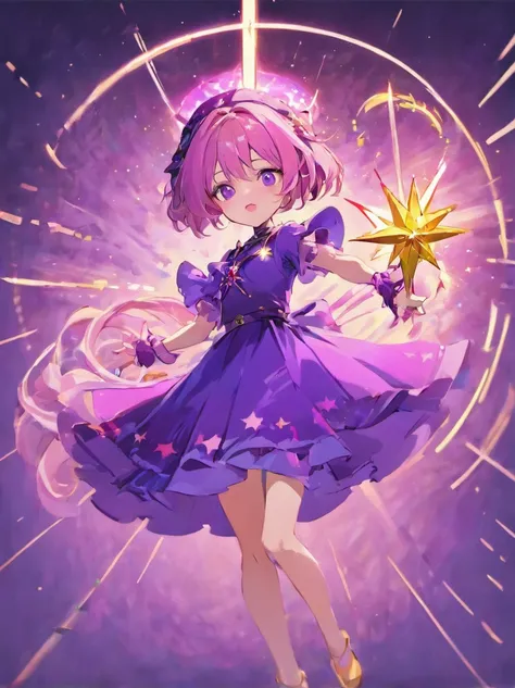 A little witch dressed in purple，The star holds a pink wand，in pixelated format on a white background