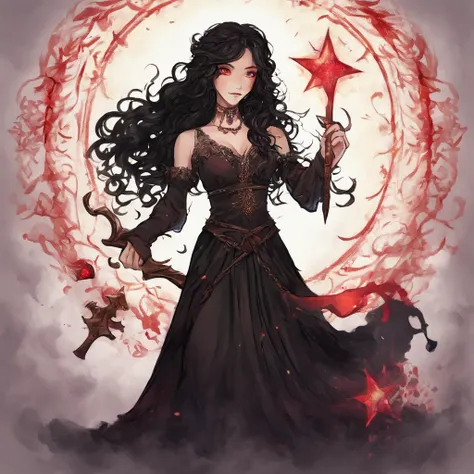 A drawing depicting a girl with long black curly hair, wearing a long black dress decorated with star and moon symbols. She has radiant red eyes and an evil smile. She holds in her hand a long, sharp sword covered in blood. Around them are falling stars, b...