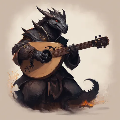 Black dragonborn bard with a lute