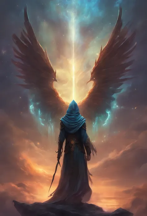 A high-fantasy portrait of a hooded shadowy celestial being with luminous spectral wings that are made of glowing light. He is surrounded by necrotic clouds and mist.