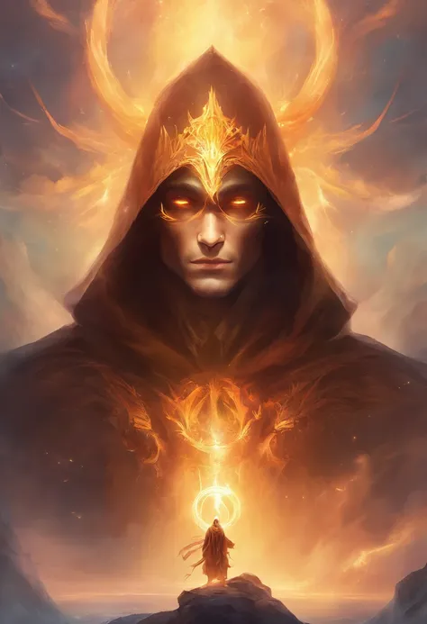 A high-fantasy portrait of a hooded shadowy celestial being with luminous spectral wings on its back that are made completely of glowing light. He is surrounded by necrotic clouds and mist.