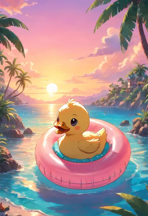 Cute duckling in an inflatable ring, Beautiful sea, Sunset in pink tones , Against the backdrop of an island with palm trees