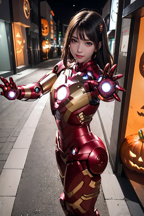 masterpiece, top-quality, top-quality, beautifully aesthetic:1.2, 1girl, halloween night, ((wearing a high-quality ironman suit)...