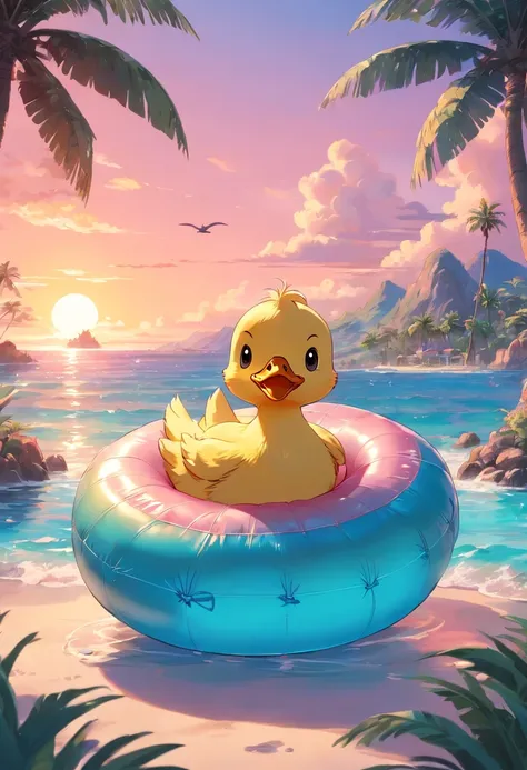 Cute duckling in an inflatable circle, Beautiful sea, Sunset in pink tones , Against the backdrop of an island with palm trees