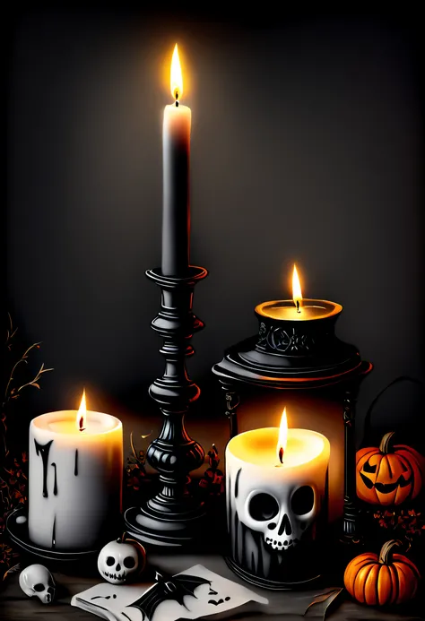 (Best quality,4K,8K,A high resolution,Masterpiece:1.2),Ultra-detailed,(Realistic,Photorealistic,photo-realistic:1.37),Black and white painting,A candle in the center of the picture，Halloween elements,Mourning,sadness,faded memories,Funeral, waxy candles,me...