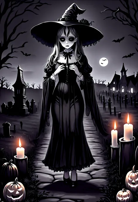 (Best quality,A high resolution,Masterpiece:1.2),(Black and white:1.1),(Halloween:1.1),1 candle，silence，devout，Mourning,sorrowful,Reminisce about the past,(Funeral costumes,Black mourning dress),Funeral，The composition is simple and reasonable