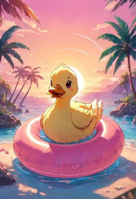 Cute duckling in an inflatable circle, Beautiful sea, Sunset in pink tones , Against the backdrop of an island with palm trees