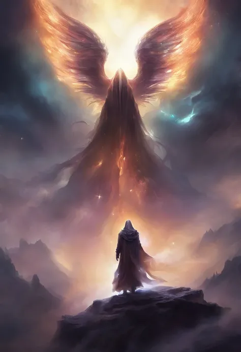 A high-fantasy horror portrait of a hooded shadowy celestial being with luminous spectral wings coming out of its back that are made completely of glowing light. He is surrounded by dark necrotic clouds, fog and mist. Eldritch energy.