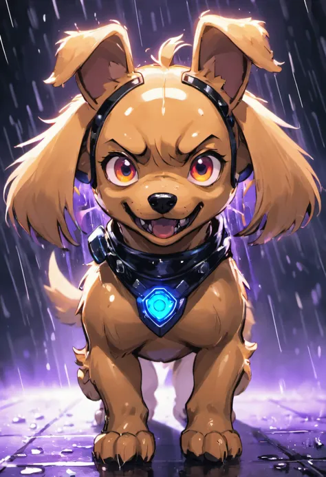 Closeup photograph, confident cyber puppy, eyes glowing with rage, rainy