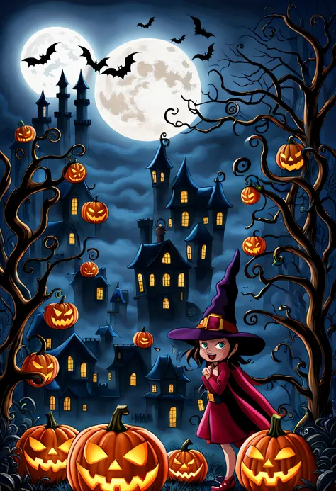 (Best quality,4K,8K,A high resolution,Masterpiece:1.2),Ultra-detailed,(Realistic,Photorealistic,photo-realistic:1.37),Tom and Jerry Halloween night,Red Moon,Castle,pumpkins,the bats,waxy candles,Shining stars,forest,Enigmatic Atmosphere,Costumes,Laughter,P...