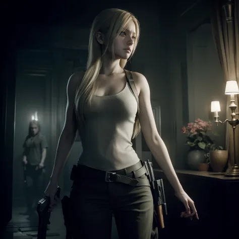 Best quality, photorealistic , long blonde hair, holding a weapon, glare expression, by unreal engine