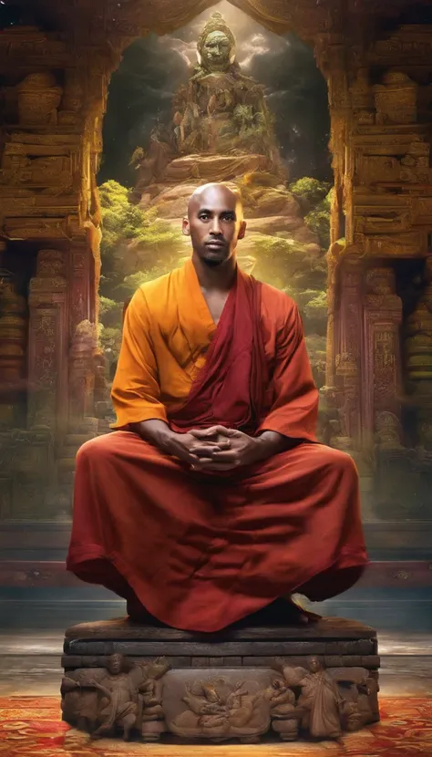 An Asian monk，Look ahead，Meditate cross-legged, at centre，Very bright colors, Light particles, with light glowing, kobe bryant, wallpaper art, UHD wallpaper