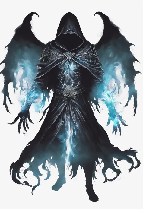 A high-fantasy horror portrait of a hooded shadowy celestial being with luminous, glowing, spectral wings coming out of its back. He is surrounded by dark necrotic clouds, fog and mist. Eldritch energy surrounds his hands.