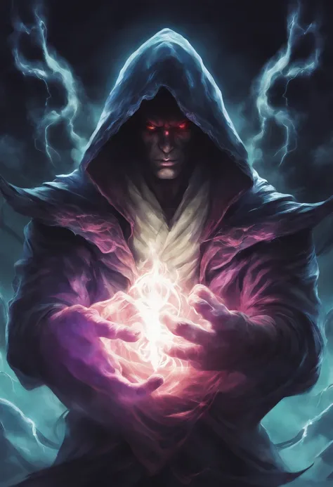 A high-fantasy horror portrait of a hooded shadowy celestial being with luminous, glowing, spectral wings coming out of its back. He is surrounded by dark necrotic clouds, fog and mist. Eldritch energy surrounds his hands.