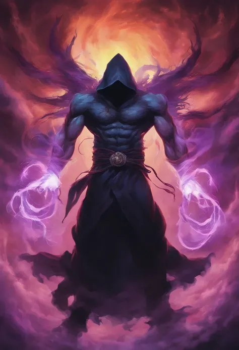 A high-fantasy horror portrait of a hooded shadowy celestial being with luminous, glowing, spectral wings coming out of its back. He is surrounded by dark necrotic clouds, fog and mist. Eldritch energy surrounds his hands.