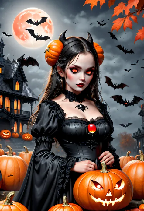 (Best quality,4K,8K,A high resolution,Masterpiece:1.2),Ultra-detailed,(Realistic,Photorealistic,photo-realistic:1.37),The art of segmentation，1girll，Red Moon，borgar，pumpkins，the bats，Best quality,A high resolution,Masterpiece:1.2),(Black and white:1.1),(Ha...