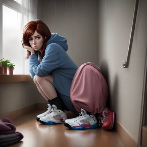 hyper realistic Lois Griffin in her room sitting on his bed while its raining outside the window and he looks sad wearing Jordan 5’s and a dark hood