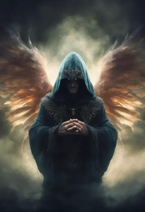 A beautiful high-fantasy portrait of a hooded celestial man with luminous, glowing, spectral wings coming out of its back. He is surrounded by dark necrotic clouds, fog and mist. Eldritch energy surrounds his hands.