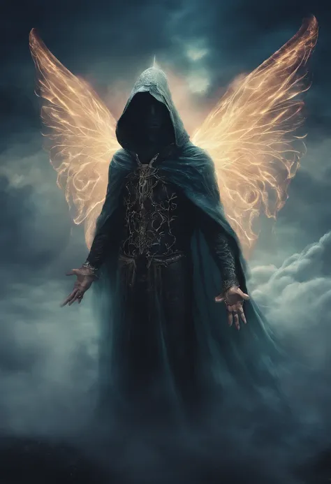 A beautiful high-fantasy portrait of a hooded celestial man with luminous, glowing, spectral wings coming out of its back. He is surrounded by dark necrotic clouds, fog and mist. Eldritch energy surrounds his hands.