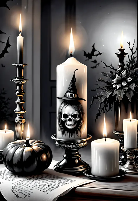 (Best quality,Ultra-detailed,photo-realistic:1.37),black and white drawing, 1 candle，silence，devout，Halloween elements, Mourning, sadness, Lingering memories, mourning apparel, Funeral，The composition is simple and reasonable