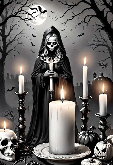 (Best quality,Ultra-detailed,photo-realistic:1.37),black and white drawing, 1 candle，silence，devout，Halloween elements, Mourning, sadness, Lingering memories, mourning apparel, Funeral，The composition is simple and reasonable