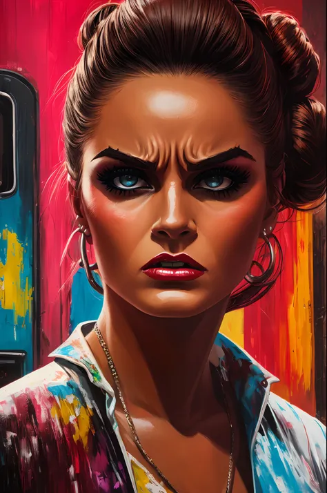 (highres:1.2),angry overbearing woman,1970s art style,photorealistic,woman with intense expression,retro fashion,heavy makeup,large attitude,hair in a bun,sharp eyes,fierce eyebrows,dramatic lighting,vibrant colors,urban background,paint on canvas.