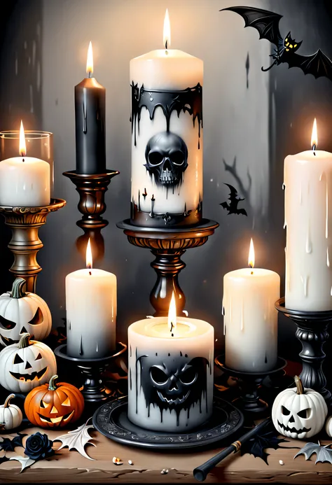 (Best quality,4K,8K,A high resolution,Masterpiece:1.2),Ultra-detailed,(Realistic,Photorealistic,photo-realistic:1.37),Black and white painting,A candle in the center of the picture，Halloween elements,Mourning,sadness,faded memories,Funeral, waxy candles,me...