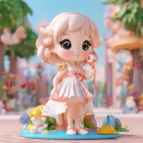 super cute girl IP by pop mart, Bright eyes, cherub,Little white dress, Clay, Models, a blind box toy, Glossy and delicate,Clean background, Good gloss, 3D rendering of,Best quality