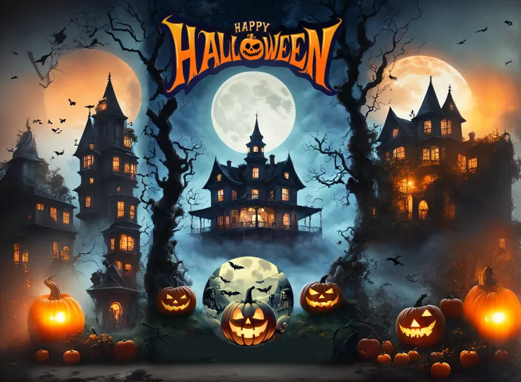 complete essa imagem se baseando no propt, Halloween poster with pumpkins and a spooky house in the background, Noite de Halloween, halloween celebration, estilo de arte de dia das bruxas, Noite assustadora de Halloween, Atmosfera de Halloween, spooky mans...