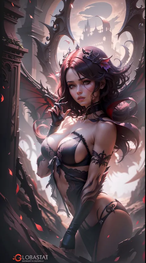 succubus, mulher ruiva com cabelos ruivos, (((cabelo curto))), (((short Hair))), espartilho preto, luzes brilhantes, bela arte digital, castlevania, asas grandes de morcego, asas de morcego, asas grandes, fantasy gorgeous lighting, linda arte digital, stun...