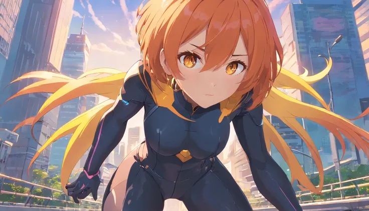 1 female、Orange hair、huge tit、Big ass、Black rubber suit、yellow  eyes、thick and large thighs,、Short Bob、helmets