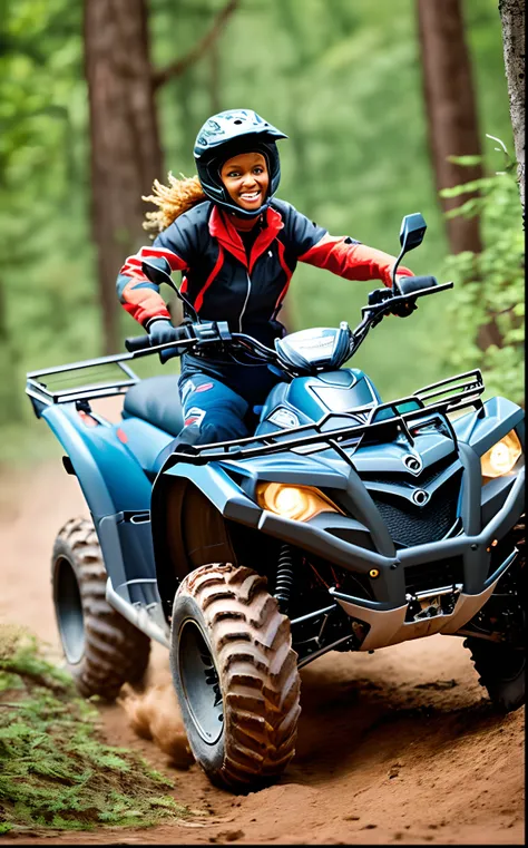 Pixar style post, black woman, short hair, adventurous, quad bike, forest background --auto --s2