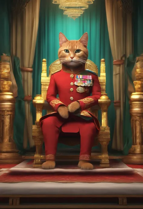 A cat is sitting on a throne, the body guard Shakib Al Hasan is standing on the right side of the throne, there are two Bangladeshi flags, realistic face,