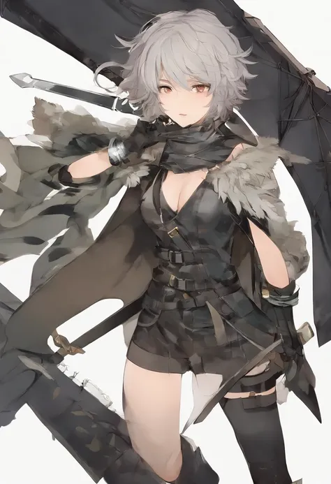 Ultra High Definition 2D Art, fantasy, unkempt short hair that is somewhat curly, costume outfit for hunting and traveling with fingerless gloves and leather boots and Her attire includes a pair of short swords that hang from her hip, sharp eyes with an ai...