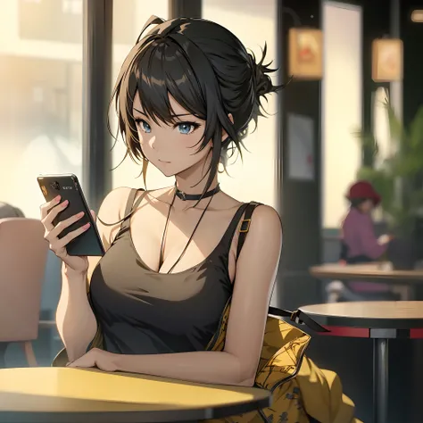 Anime girl sitting at a table with a cell phone in her hand, menina anime atraente, estilo anime 4K, Arte no estilo de Guweiz, verificando seu telefone, Digital anime illustration, arte de anime digital, Anime Art Wallpaper 8K, Papel de parede anime 4k, ar...