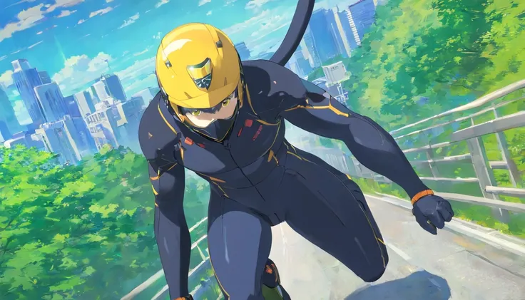 1 male human、a blond、Big ass、Black catsuit、yellow  eyes、thick and large thighs,、short-haired、Rider Helmet