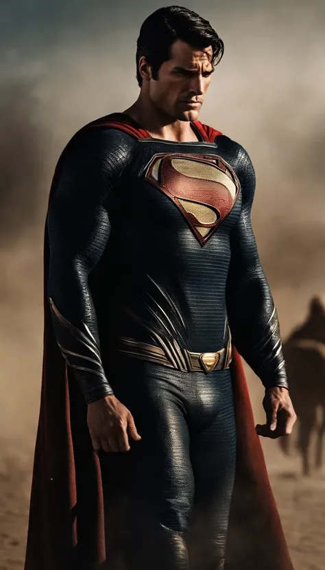 The image shows Superman in full body in a post-apocalyptic scenario.
Superman is standing, in an imposing pose, with his fists clenched and a serious expression on his face.
He is wearing a worn and dirty costume, with tears and patches, indicating the ba...