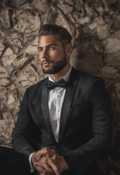 Homem moderno, bem vestido, terno preto, foto perfil, Great image quality, youthful appearance, elegante, foto tirada em uma apartamento luxuoso