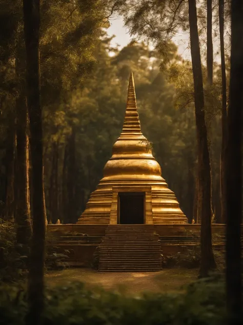 The Golden, A lost city seen among the trees in a dense forest., A mighty golden pyramid that glitters with sunlight., hyper realistic photography.