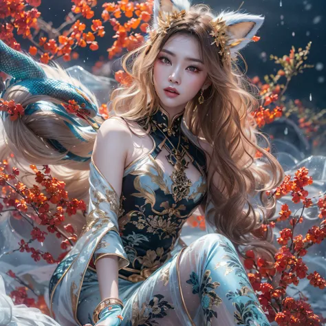 flying nine-tailed light blue sky division flame long-haired fox star，een erotica，torch night black golden orange brocade silk s...